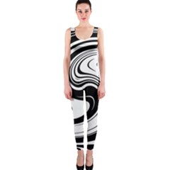 Black And White Swirl Spiral Swoosh Pattern One Piece Catsuit by SpinnyChairDesigns