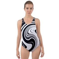 Black And White Swirl Spiral Swoosh Pattern Cut-out Back One Piece Swimsuit by SpinnyChairDesigns