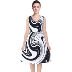 Black And White Swirl Spiral Swoosh Pattern V-neck Midi Sleeveless Dress  by SpinnyChairDesigns