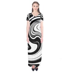 Black And White Swirl Spiral Swoosh Pattern Short Sleeve Maxi Dress by SpinnyChairDesigns
