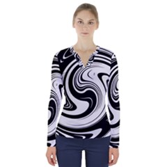 Black And White Swirl Spiral Swoosh Pattern V-neck Long Sleeve Top by SpinnyChairDesigns