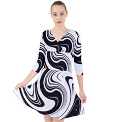 Black And White Swirl Spiral Swoosh Pattern Quarter Sleeve Front Wrap Dress by SpinnyChairDesigns