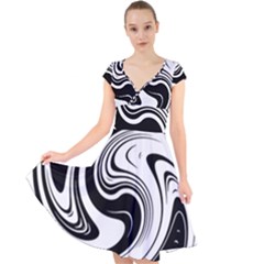 Black And White Swirl Spiral Swoosh Pattern Cap Sleeve Front Wrap Midi Dress by SpinnyChairDesigns