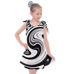 Black And White Swirl Spiral Swoosh Pattern Kids  Tie Up Tunic Dress by SpinnyChairDesigns