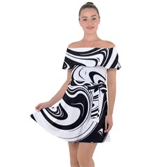Black And White Swirl Spiral Swoosh Pattern Off Shoulder Velour Dress by SpinnyChairDesigns