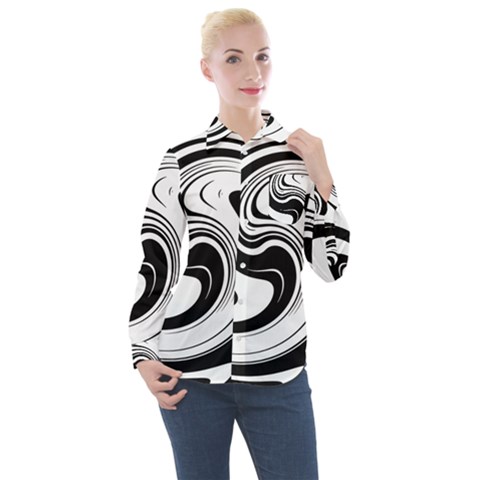 Black And White Swirl Spiral Swoosh Pattern Women s Long Sleeve Pocket Shirt by SpinnyChairDesigns