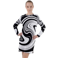 Black And White Swirl Spiral Swoosh Pattern Long Sleeve Hoodie Dress by SpinnyChairDesigns