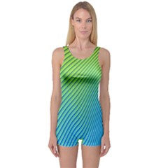 Blue Green Abstract Stripe Pattern  One Piece Boyleg Swimsuit by SpinnyChairDesigns