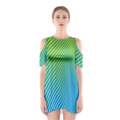 Blue Green Abstract Stripe Pattern  Shoulder Cutout One Piece Dress by SpinnyChairDesigns