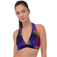 Colorful Paint Splatter Texture Red Black Yellow Blue Halter Plunge Bikini Top by SpinnyChairDesigns