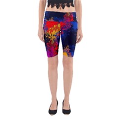 Colorful Paint Splatter Texture Red Black Yellow Blue Yoga Cropped Leggings by SpinnyChairDesigns