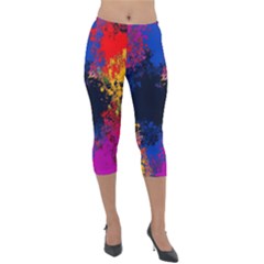 Colorful Paint Splatter Texture Red Black Yellow Blue Lightweight Velour Capri Leggings  by SpinnyChairDesigns