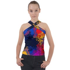 Colorful Paint Splatter Texture Red Black Yellow Blue Cross Neck Velour Top by SpinnyChairDesigns