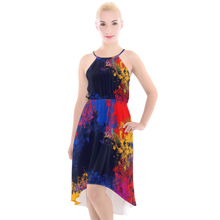 Colorful Paint Splatter Texture Red Black Yellow Blue High-Low Halter Chiffon Dress 