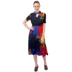 Colorful Paint Splatter Texture Red Black Yellow Blue Keyhole Neckline Chiffon Dress by SpinnyChairDesigns