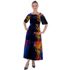 Colorful Paint Splatter Texture Red Black Yellow Blue Shoulder Straps Boho Maxi Dress  by SpinnyChairDesigns