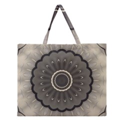 Beige Kaleidoscope Mandala Arabesque Pattern Zipper Large Tote Bag by SpinnyChairDesigns