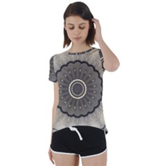 Beige Kaleidoscope Mandala Arabesque Pattern Short Sleeve Foldover Tee by SpinnyChairDesigns