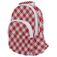 Picnic Gingham Red White Checkered Plaid Pattern Rounded Multi Pocket Backpack by SpinnyChairDesigns