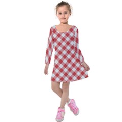 Picnic Gingham Red White Checkered Plaid Pattern Kids  Long Sleeve Velvet Dress by SpinnyChairDesigns