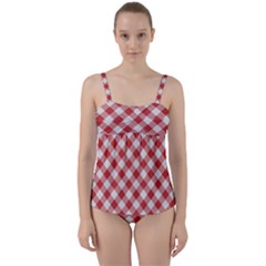 Picnic Gingham Red White Checkered Plaid Pattern Twist Front Tankini Set by SpinnyChairDesigns