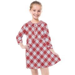 Picnic Gingham Red White Checkered Plaid Pattern Kids  Quarter Sleeve Shirt Dress by SpinnyChairDesigns