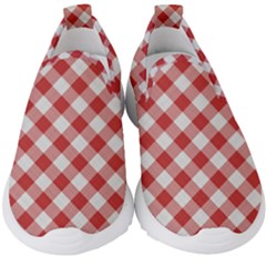 Picnic Gingham Red White Checkered Plaid Pattern Kids  Slip On Sneakers by SpinnyChairDesigns