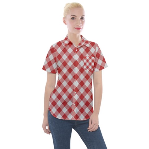 Picnic Gingham Red White Checkered Plaid Pattern Women s Short Sleeve Pocket Shirt by SpinnyChairDesigns