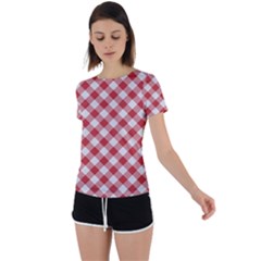 Picnic Gingham Red White Checkered Plaid Pattern Back Circle Cutout Sports Tee by SpinnyChairDesigns