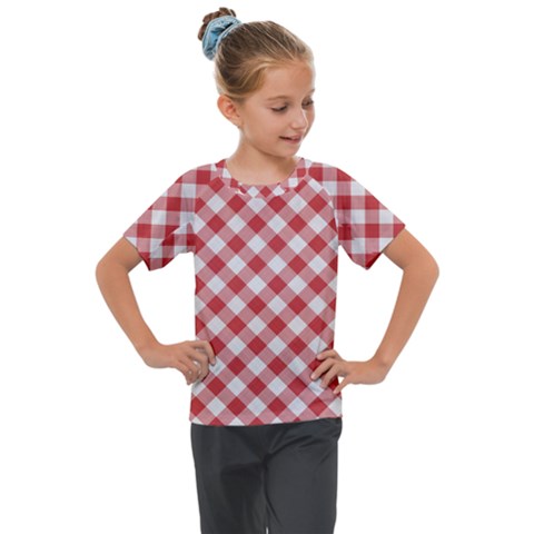 Picnic Gingham Red White Checkered Plaid Pattern Kids  Mesh Piece Tee by SpinnyChairDesigns