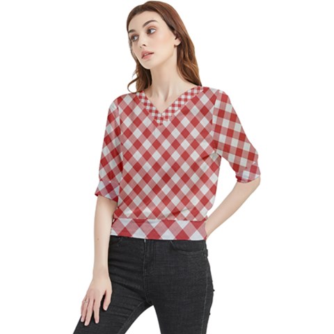 Picnic Gingham Red White Checkered Plaid Pattern Quarter Sleeve Blouse by SpinnyChairDesigns