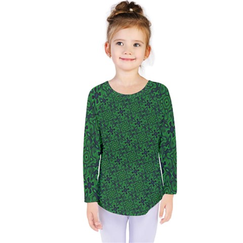 Green Intricate Pattern Kids  Long Sleeve Tee by SpinnyChairDesigns