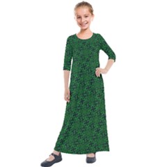Green Intricate Pattern Kids  Quarter Sleeve Maxi Dress by SpinnyChairDesigns