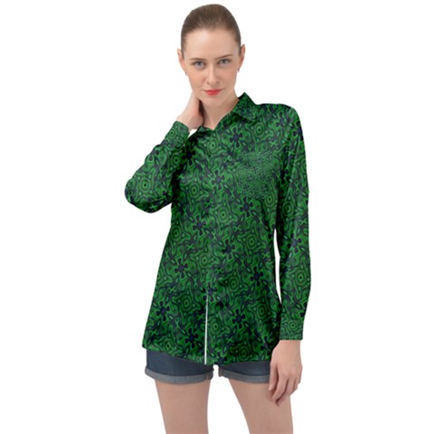 Green Intricate Pattern Long Sleeve Satin Shirt by SpinnyChairDesigns