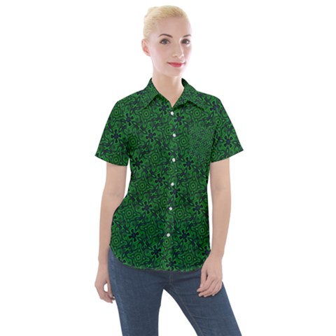 Green Intricate Pattern Women s Short Sleeve Pocket Shirt by SpinnyChairDesigns