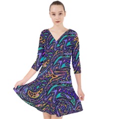 Multicolored Abstract Art Pattern Quarter Sleeve Front Wrap Dress by SpinnyChairDesigns