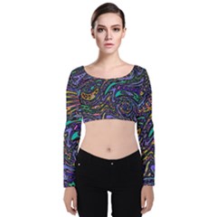 Multicolored Abstract Art Pattern Velvet Long Sleeve Crop Top by SpinnyChairDesigns