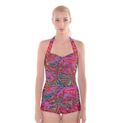 Abstract Art Multicolored Pattern Boyleg Halter Swimsuit  by SpinnyChairDesigns