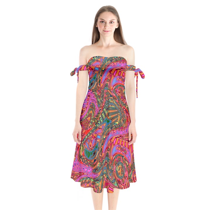 Abstract Art Multicolored Pattern Shoulder Tie Bardot Midi Dress