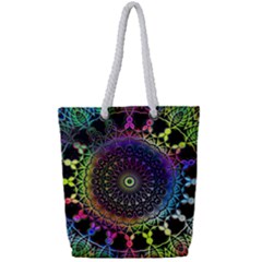 Colorful Rainbow Colored Arabesque Mandala Kaleidoscope  Full Print Rope Handle Tote (small) by SpinnyChairDesigns