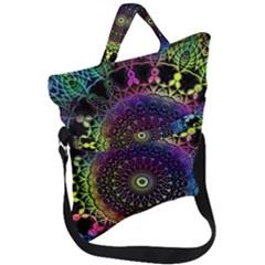 Colorful Rainbow Colored Arabesque Mandala Kaleidoscope  Fold Over Handle Tote Bag by SpinnyChairDesigns