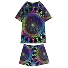 Colorful Rainbow Colored Arabesque Mandala Kaleidoscope  Kids  Swim Tee And Shorts Set by SpinnyChairDesigns