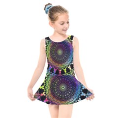 Colorful Rainbow Colored Arabesque Mandala Kaleidoscope  Kids  Skater Dress Swimsuit by SpinnyChairDesigns