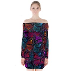 Colorful Monarch Butterfly Pattern Long Sleeve Off Shoulder Dress by SpinnyChairDesigns