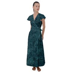 Dark Teal Butterfly Pattern Flutter Sleeve Maxi Dress by SpinnyChairDesigns