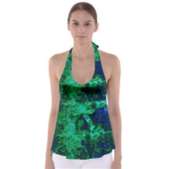 Abstract Green And Blue Techno Pattern Babydoll Tankini Top by SpinnyChairDesigns