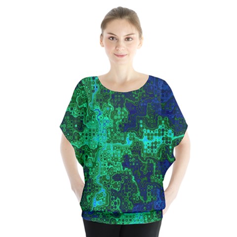 Abstract Green And Blue Techno Pattern Batwing Chiffon Blouse by SpinnyChairDesigns