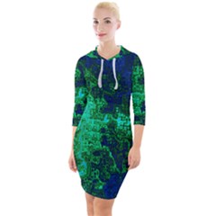 Abstract Green And Blue Techno Pattern Quarter Sleeve Hood Bodycon Dress by SpinnyChairDesigns