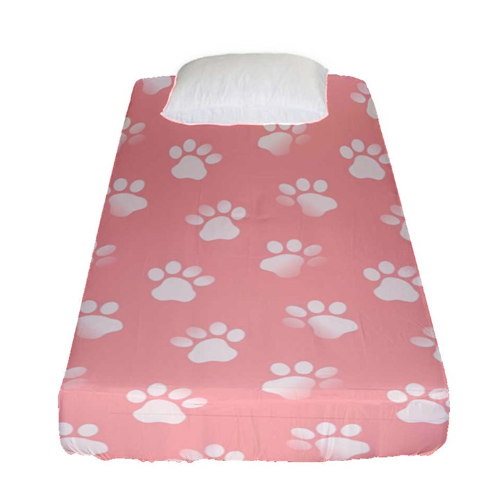 Animal Cat Dog Prints Pattern Pink White Fitted Sheet (Single Size)