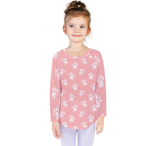 Animal Cat Dog Prints Pattern Pink White Kids  Long Sleeve Tee by SpinnyChairDesigns